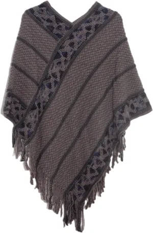 Oplxuo Women's Wrap V Neck Cape with Fringed Hem, Boho Casual Knitted Tassels Poncho Loose Pullover Sweater Coat