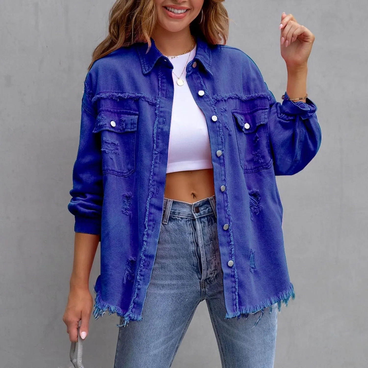 Oversized Denim Jacket Distressed Boyfriend Jean Coat Jeans Trucker Jacket for Women Jean Jacket