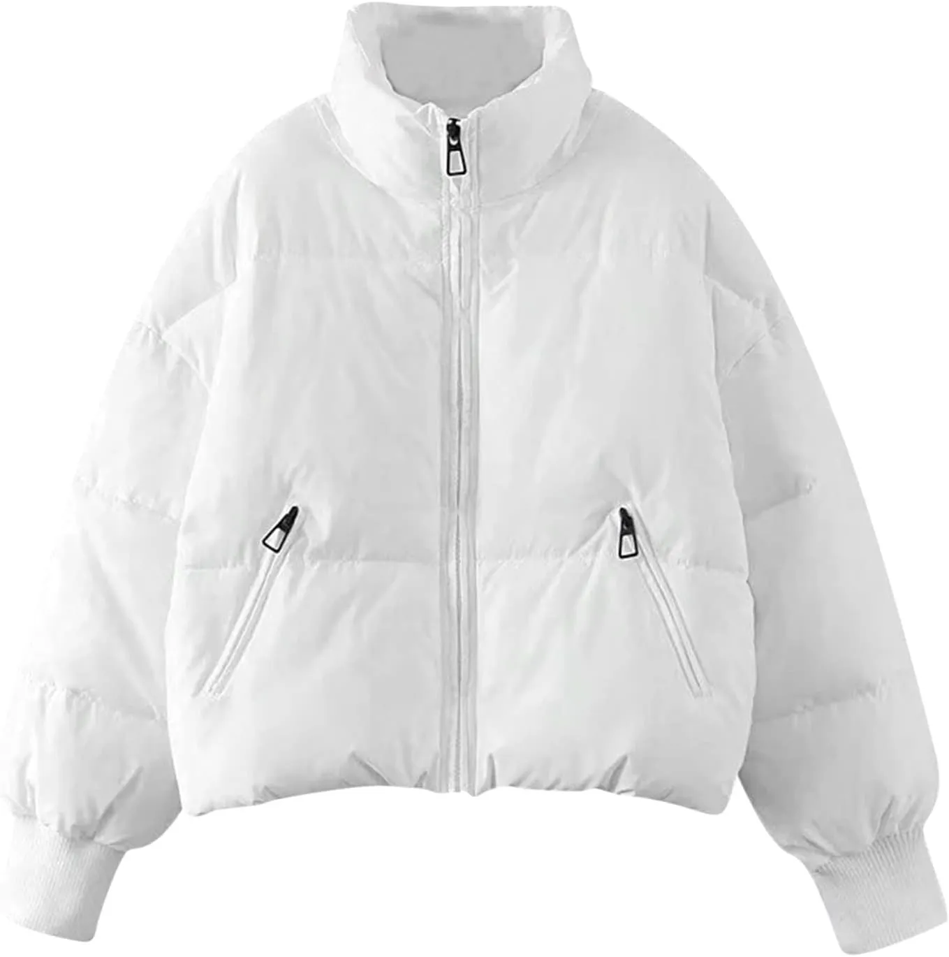 Oversized Puffer Jacket for Women Cropped Stand Collar Short Down Winter Coat Lightweight Quilted Jackets with Pocket