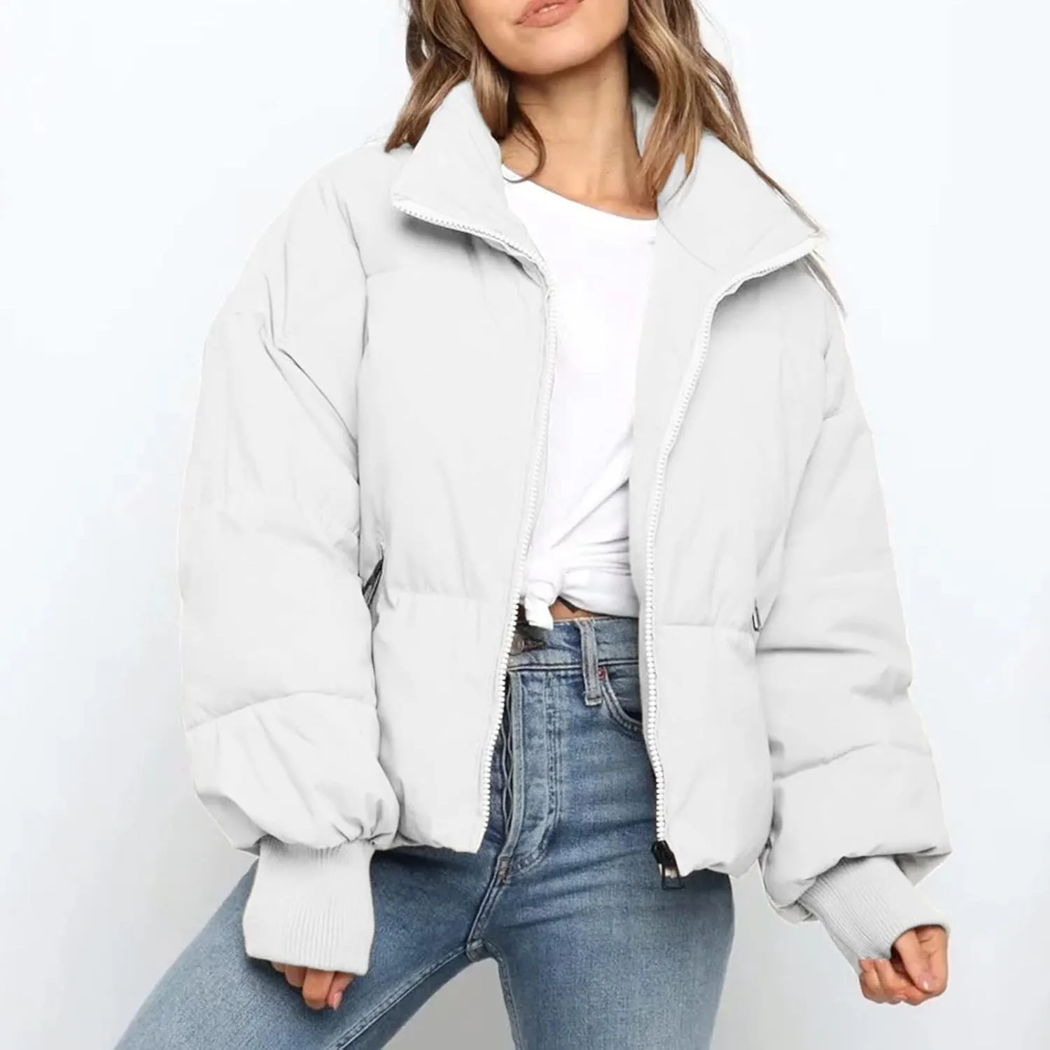 Oversized Puffer Jacket for Women Cropped Stand Collar Short Down Winter Coat Lightweight Quilted Jackets with Pocket