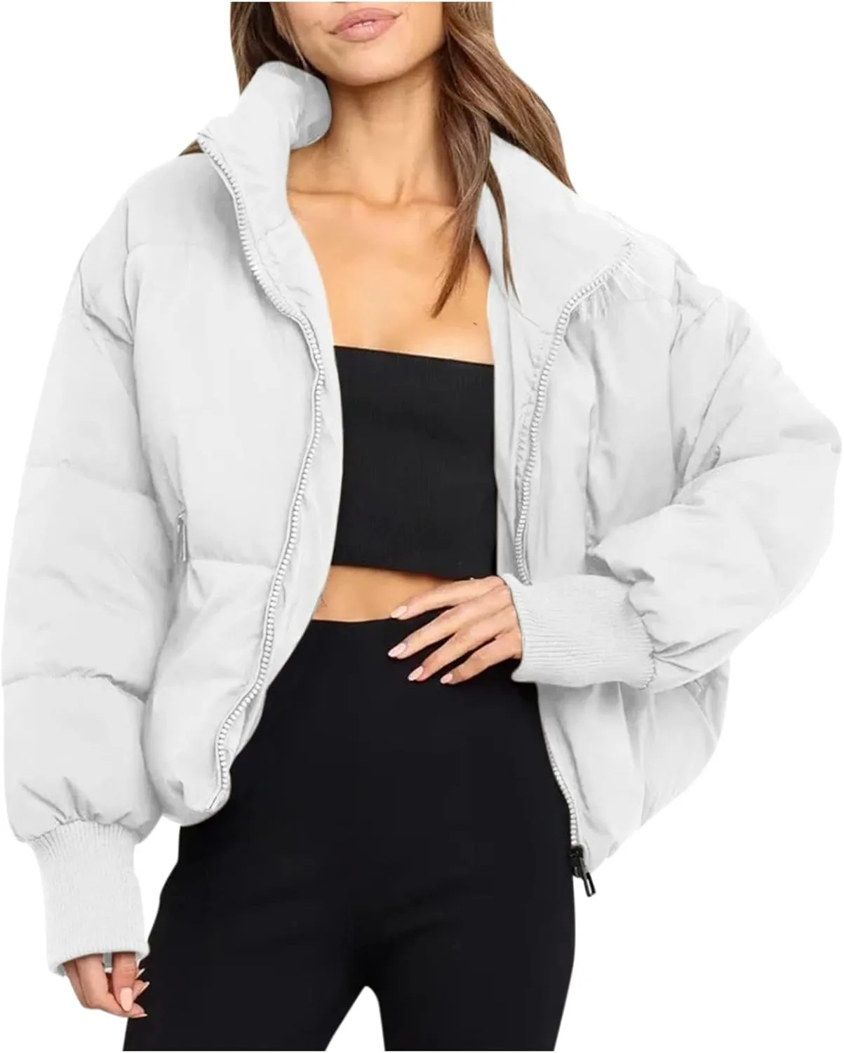 Oversized Puffer Jacket for Women Cropped Stand Collar Short Down Winter Coat Lightweight Quilted Jackets with Pocket