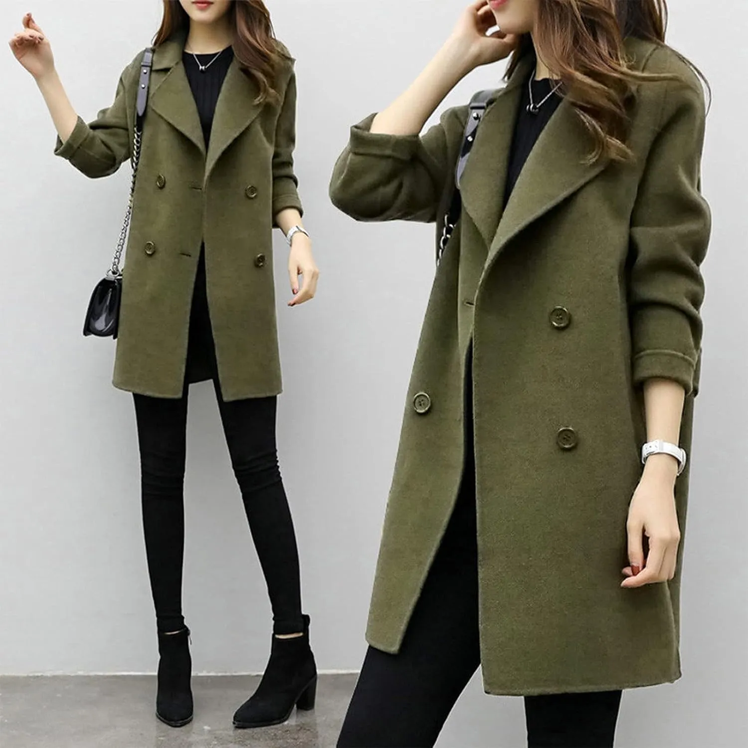 Pea Coats for Women 2025 Elegant Notched Lapel Double-Breasted Trench Coats Vintage Winter Wool Blend Midi Peacoat