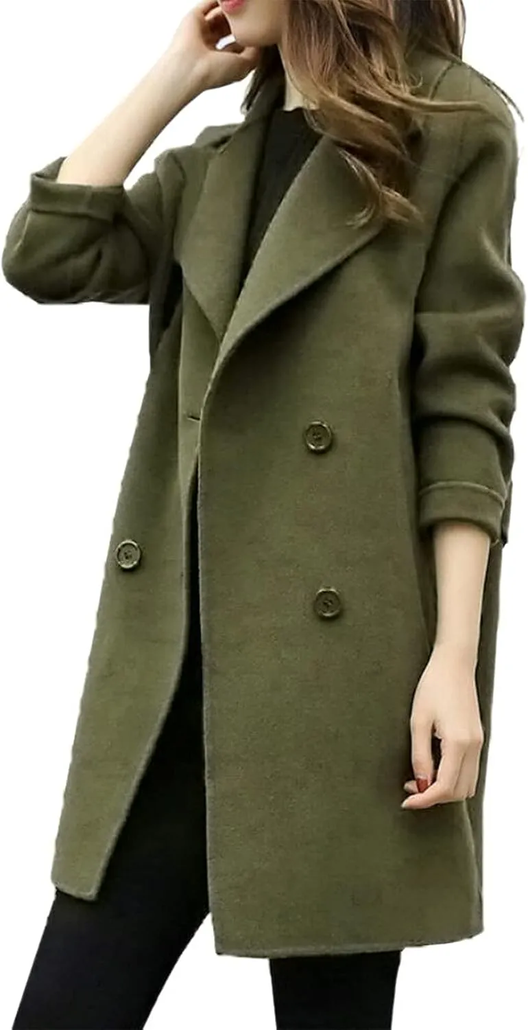 Pea Coats for Women 2025 Elegant Notched Lapel Double-Breasted Trench Coats Vintage Winter Wool Blend Midi Peacoat