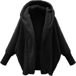 Plus Size Winter Fleece Cardigan Jackets for Women with Hood Sherpa Thermal Lantern Sleeve Fuzzy Cozy Coats Outerwear