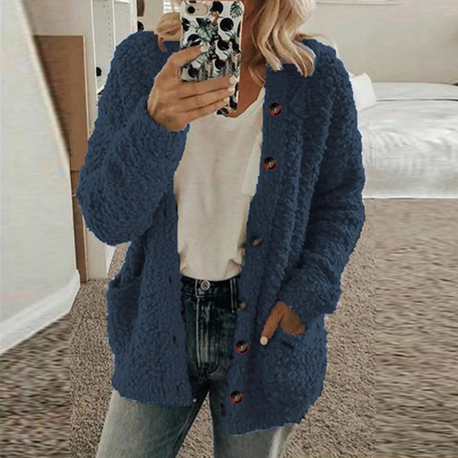 Plus Size Womens Open Front Cardigan Sweater Round Neck Button Down Warm Jacket Casual Soft Cozy Coat with Pocket