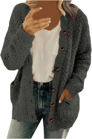 Plus Size Womens Open Front Cardigan Sweater Round Neck Button Down Warm Jacket Casual Soft Cozy Coat with Pocket