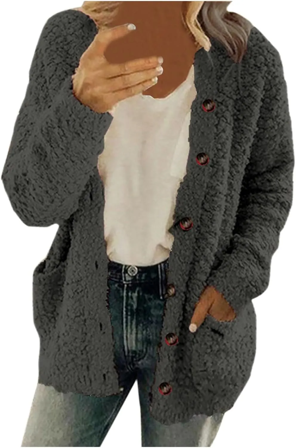 Plus Size Womens Open Front Cardigan Sweater Round Neck Button Down Warm Jacket Casual Soft Cozy Coat with Pocket