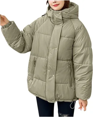 Puffer Jacket for Women Stand Collar Zip Up Hooded Padded Down Coat Parkas Winter Warm Quilted Outerwear with Pockets