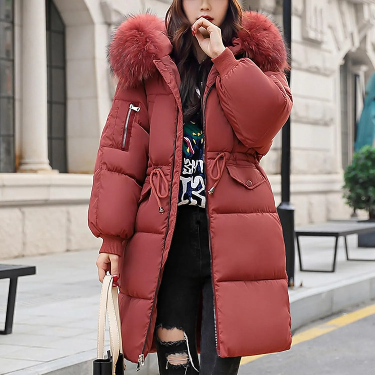Puffer Jacket Womens Long Winter Coats Thick Zipper Parkas Down Coat Waterproof Warm Hooded Jackets with Pockets