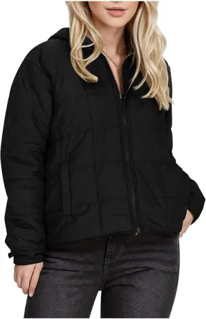Quilted Jacket for Women Winter Long Sleeve Puffer Jackets Full Zipper Casual Down Coat Warm Fleece Padded Coats