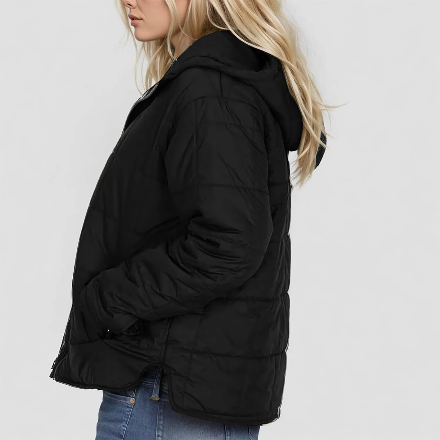 Quilted Jacket for Women Winter Long Sleeve Puffer Jackets Full Zipper Casual Down Coat Warm Fleece Padded Coats