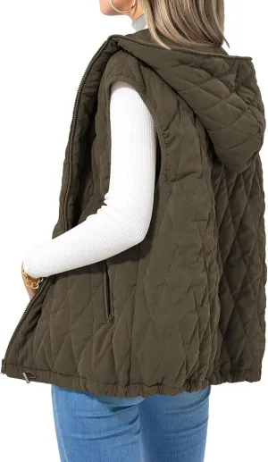 Quilted Jackets for Women 2024 Fall Vest Casual Sleeveless Hooded Zip Up Jacket Trendy Winter Coat Outerwear Pockets