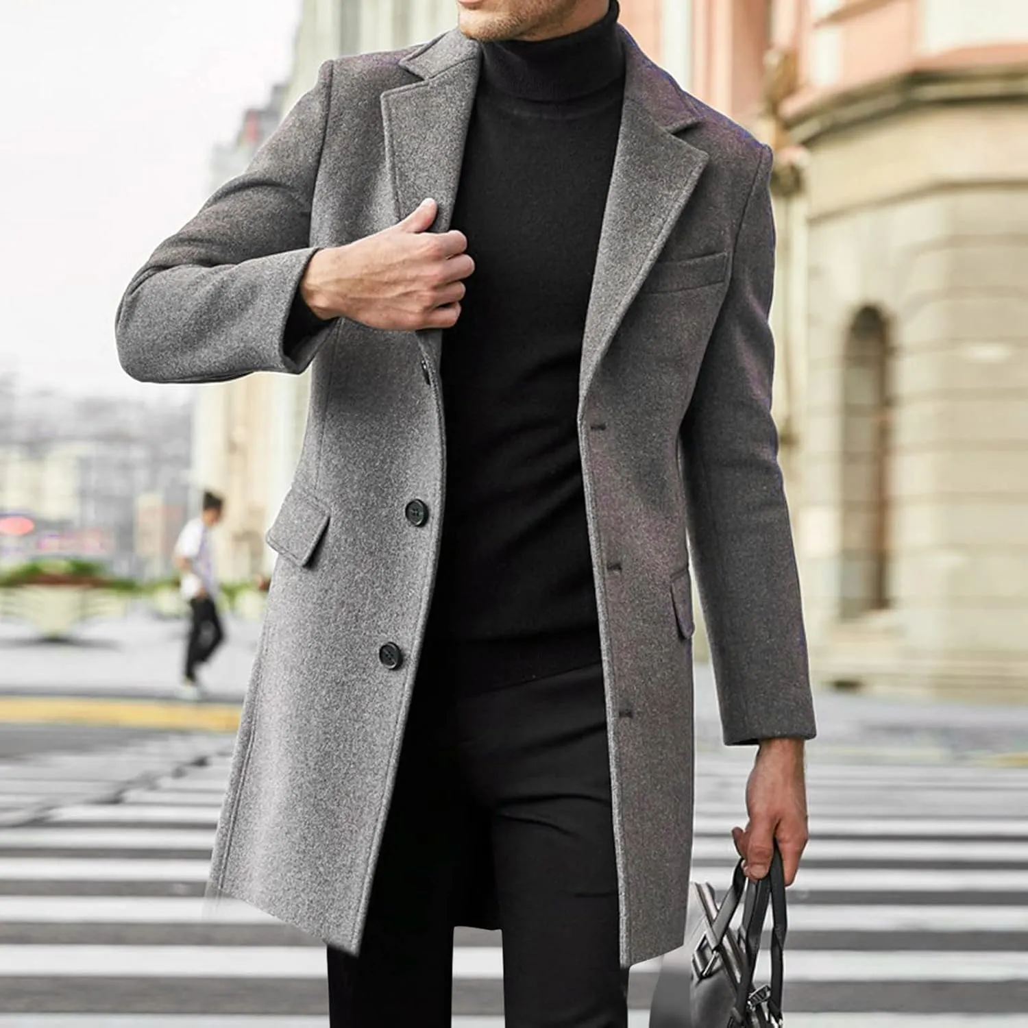 QWENTMTNTY Wool Pea Coats for Men Winter Slim Fit Casual Single Breasted Trench Coat Mid-Length Thermal Business Peacoat
