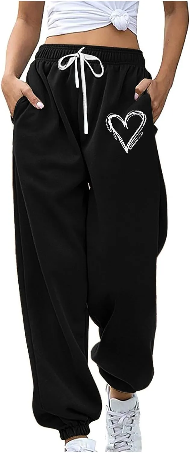 Ruziyoog Women's Casual Baggy Fleece Sweatpants Cute Heart Print Workout Active Joggers Pants Baggy Lounge Bottoms