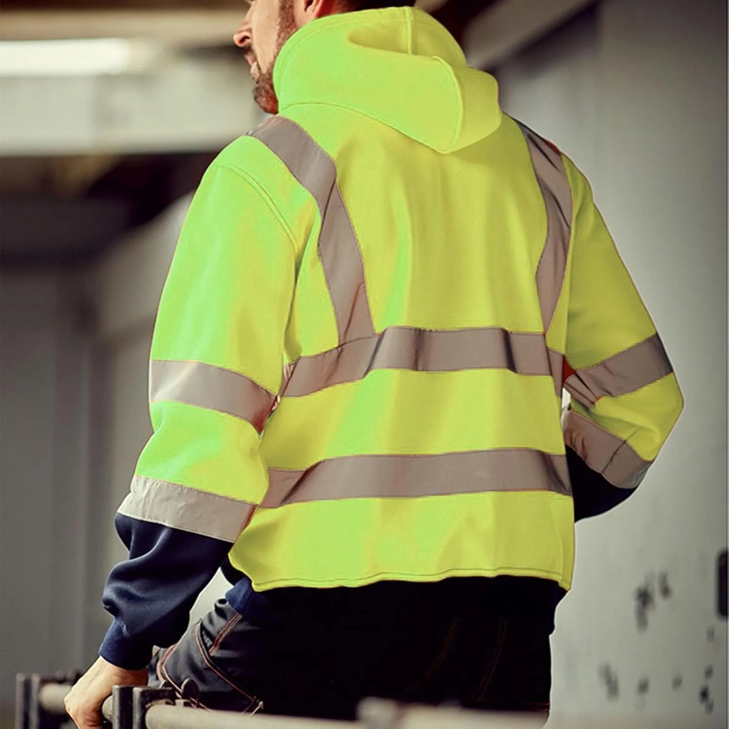 Safety Hoodies for Men High Visibility Reflective Workwear Fleece Lined Zip Up Jackets Hooded Sweatshirts with Pocket