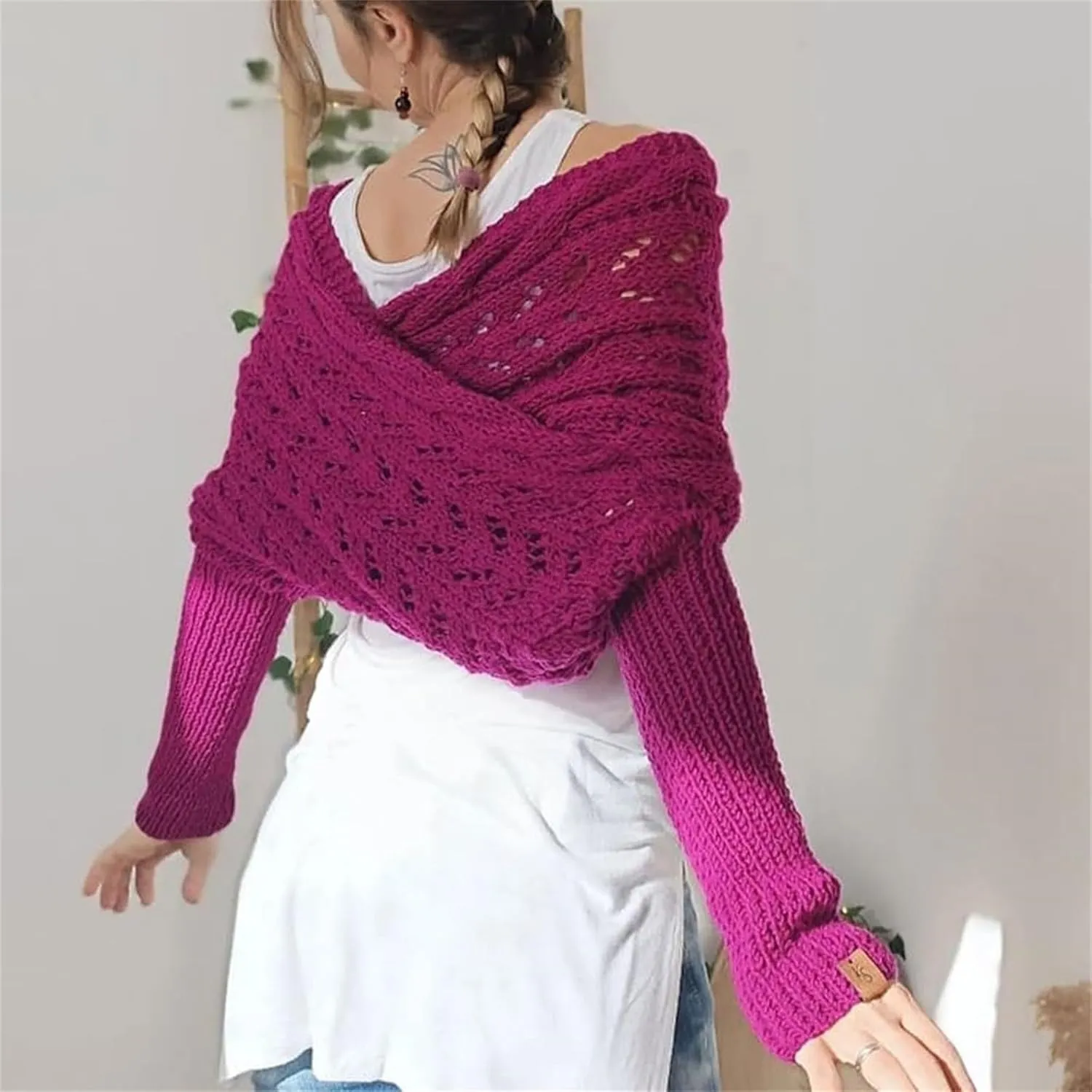 Scarf with Sleeves for Women,Crochet Knitted Cable Shawl Wraps Dressy Cropped Shrug Sweater Scarf Fall Winter Outfits