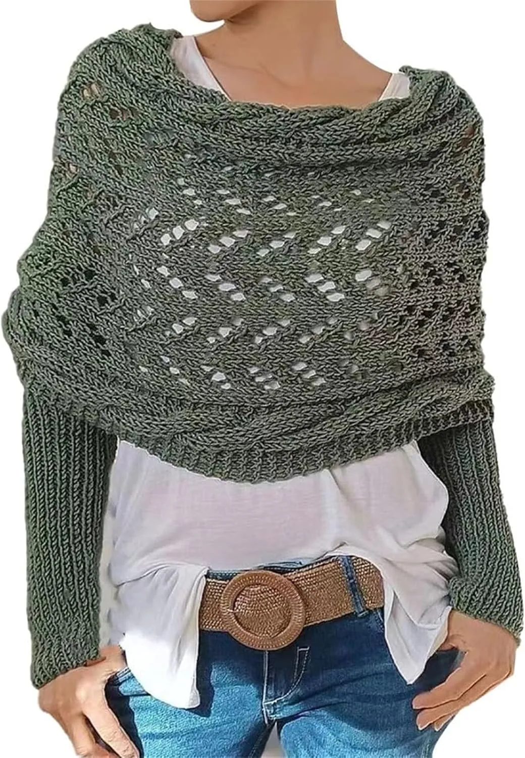 Scarf with Sleeves for Women,Crochet Knitted Cable Shawl Wraps Dressy Cropped Shrug Sweater Scarf Fall Winter Outfits