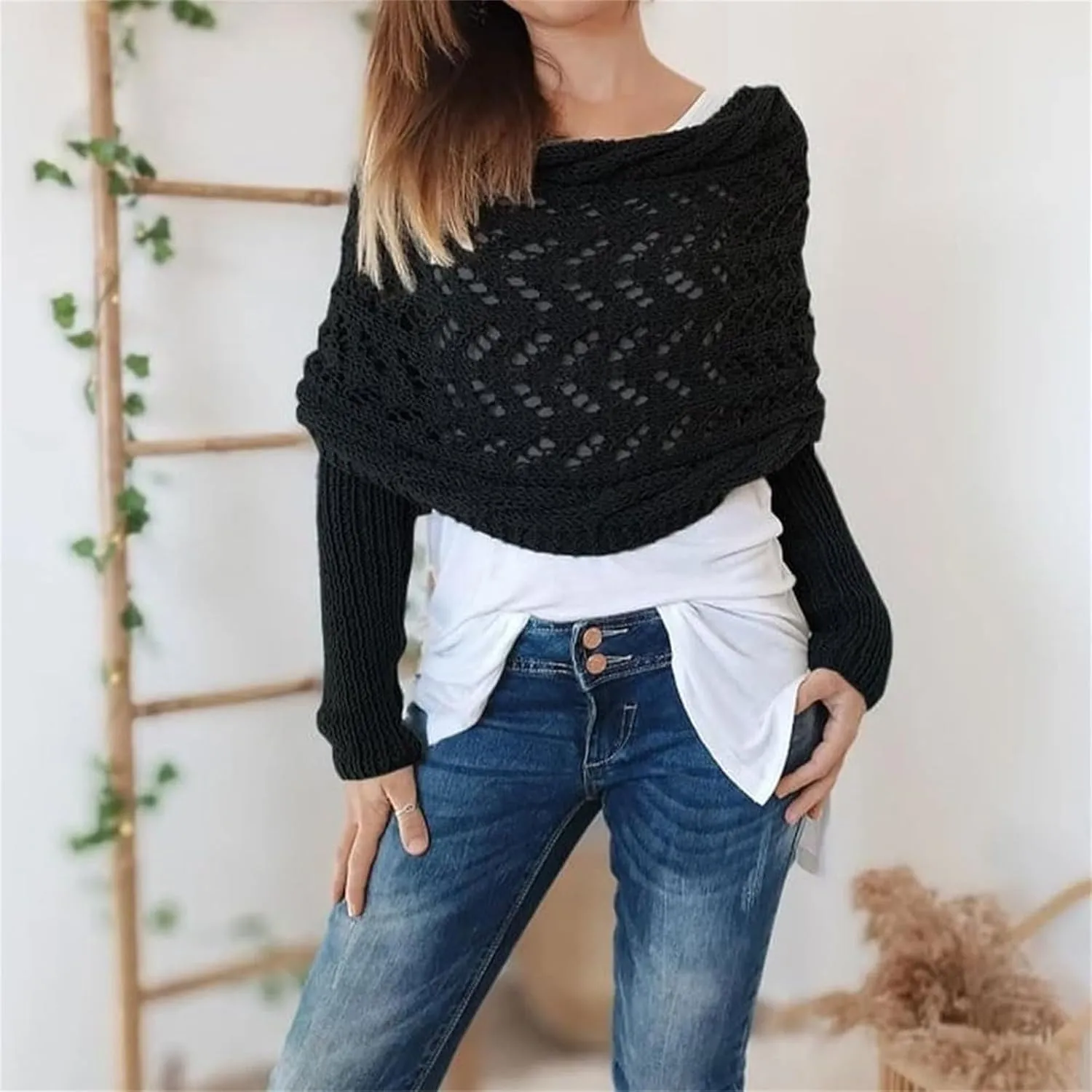 Scarf with Sleeves for Women,Crochet Knitted Cable Shawl Wraps Dressy Cropped Shrug Sweater Scarf Fall Winter Outfits