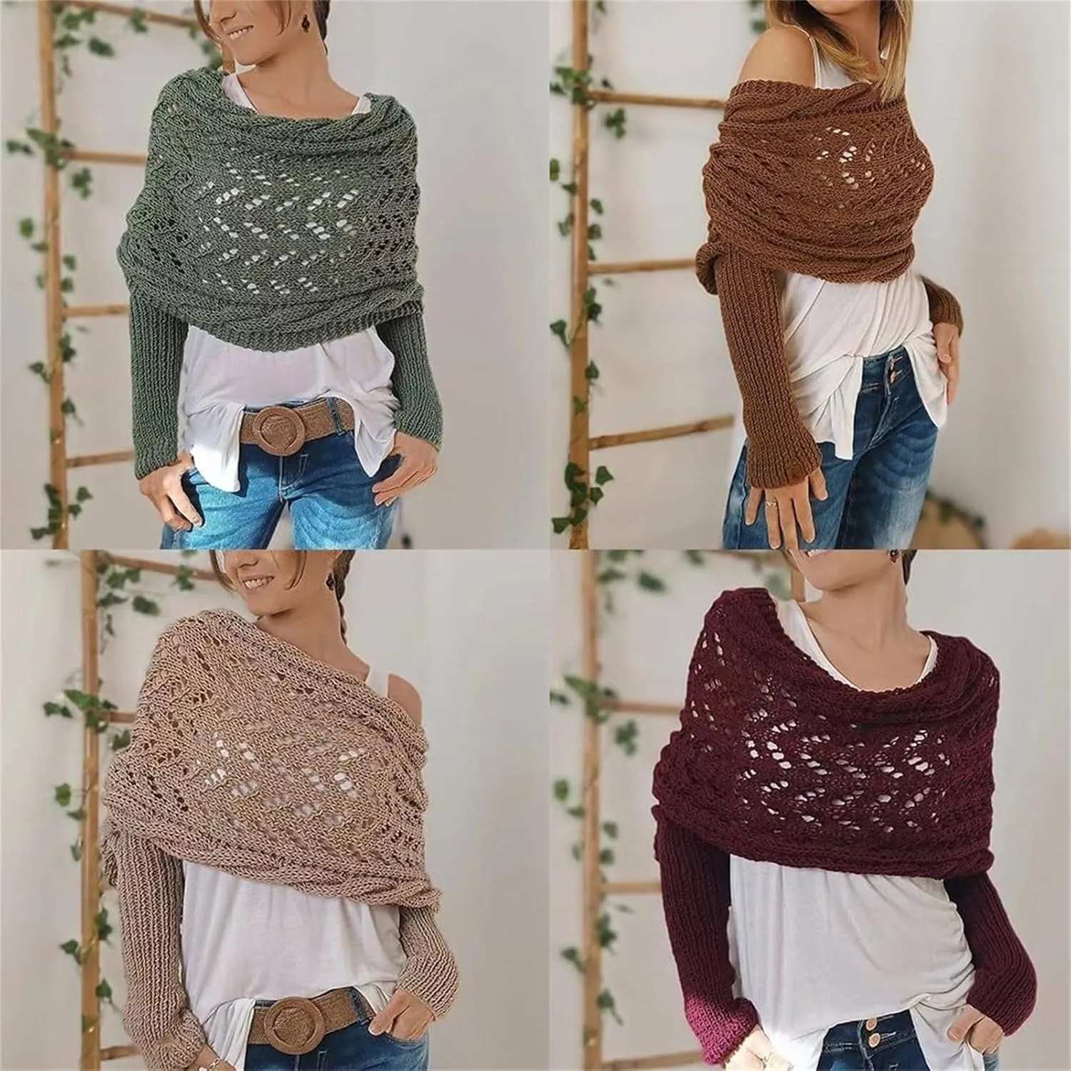 Scarf with Sleeves for Women,Crochet Knitted Cable Shawl Wraps Dressy Cropped Shrug Sweater Scarf Fall Winter Outfits