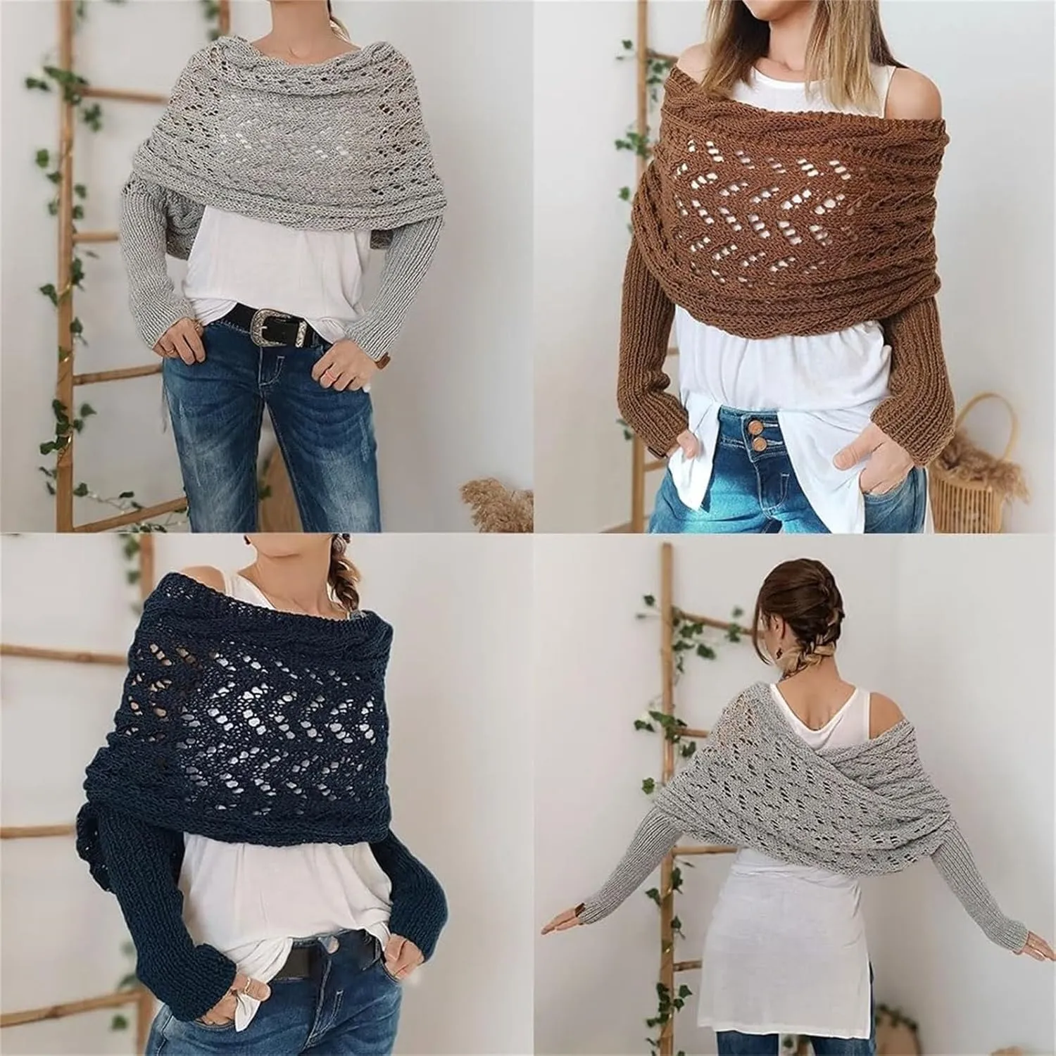 Scarf with Sleeves for Women,Crochet Knitted Cable Shawl Wraps Dressy Cropped Shrug Sweater Scarf Fall Winter Outfits