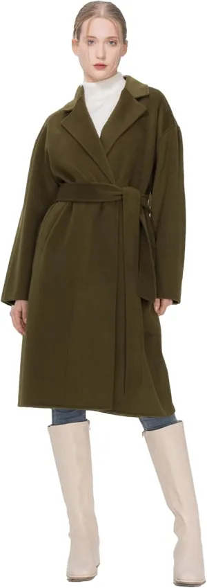 SDEER Women's Winter Wool Coat Casual Long Sleeve Lapel Belted H-shaped Pea Coat Loose Single Breasted Trench Overcoats