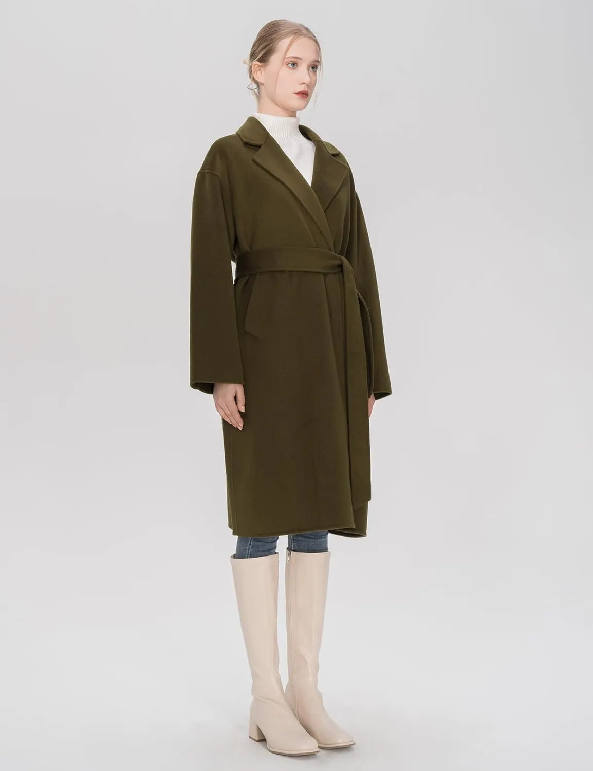 SDEER Women's Winter Wool Coat Casual Long Sleeve Lapel Belted H-shaped Pea Coat Loose Single Breasted Trench Overcoats