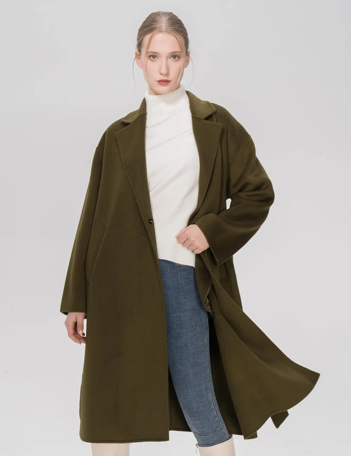 SDEER Women's Winter Wool Coat Casual Long Sleeve Lapel Belted H-shaped Pea Coat Loose Single Breasted Trench Overcoats