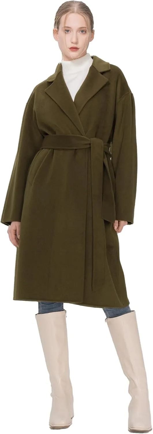 SDEER Women's Winter Wool Coat Casual Long Sleeve Lapel Belted H-shaped Pea Coat Loose Single Breasted Trench Overcoats