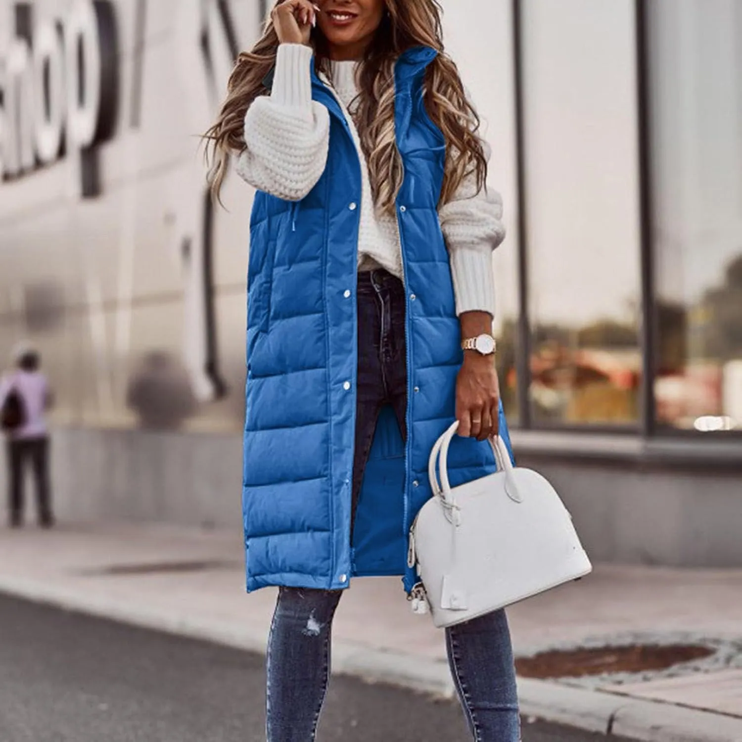 Solid Coloured Hooded Breasted Medium Length Slim Temperament Cardigan Jacket Tops Jacket Size