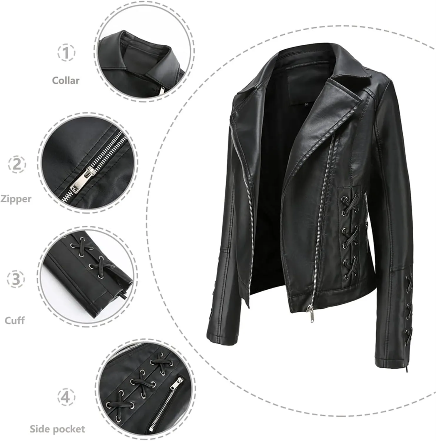 Spring Autumn Women Long Sleeves Faux Leather Jacket Black Red Moto Biker Zipper Jacket Coat
