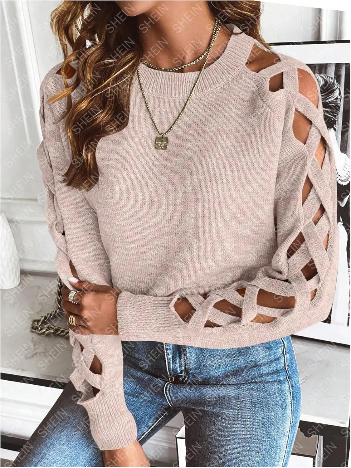 SweatyRocks Women's Criss Cross Cut Out Sleeve Round Neck Hollow Out Knit Sweater Tops