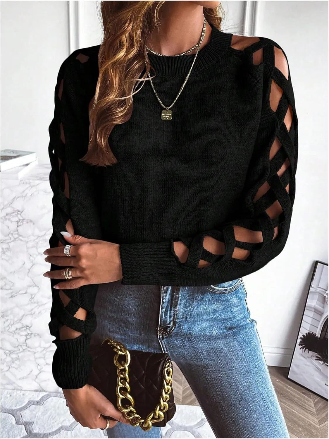 SweatyRocks Women's Criss Cross Cut Out Sleeve Round Neck Hollow Out Knit Sweater Tops