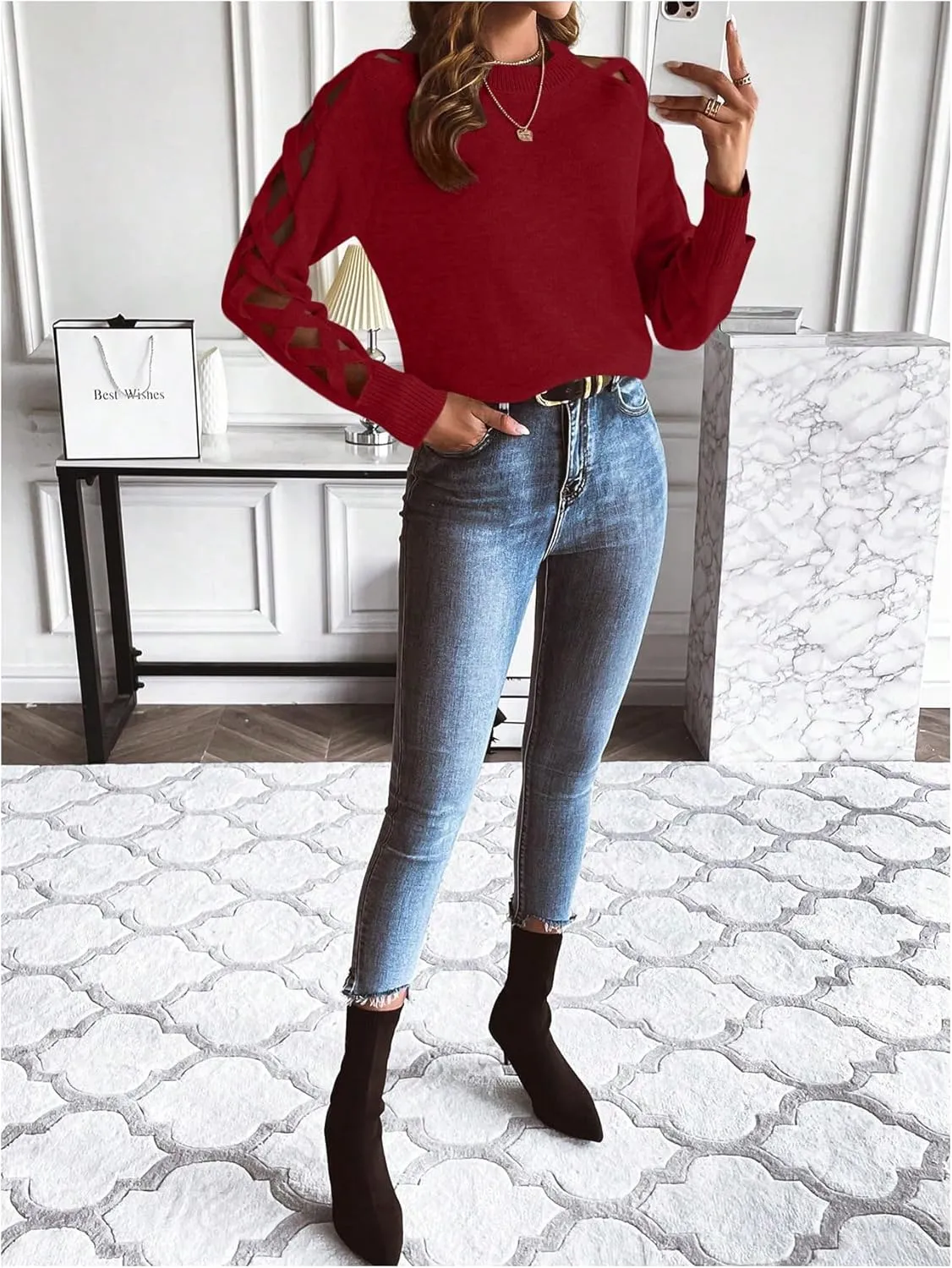 SweatyRocks Women's Criss Cross Cut Out Sleeve Round Neck Hollow Out Knit Sweater Tops