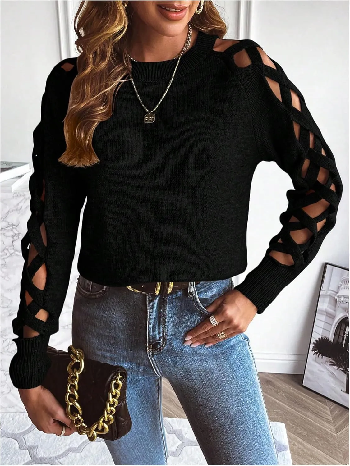 SweatyRocks Women's Criss Cross Cut Out Sleeve Round Neck Hollow Out Knit Sweater Tops