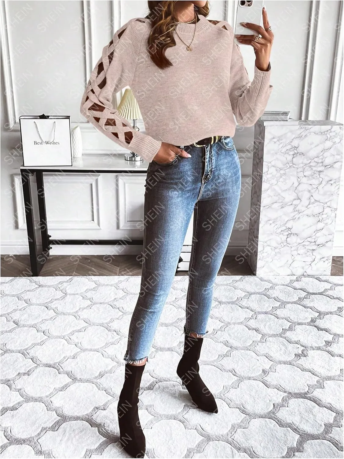SweatyRocks Women's Criss Cross Cut Out Sleeve Round Neck Hollow Out Knit Sweater Tops