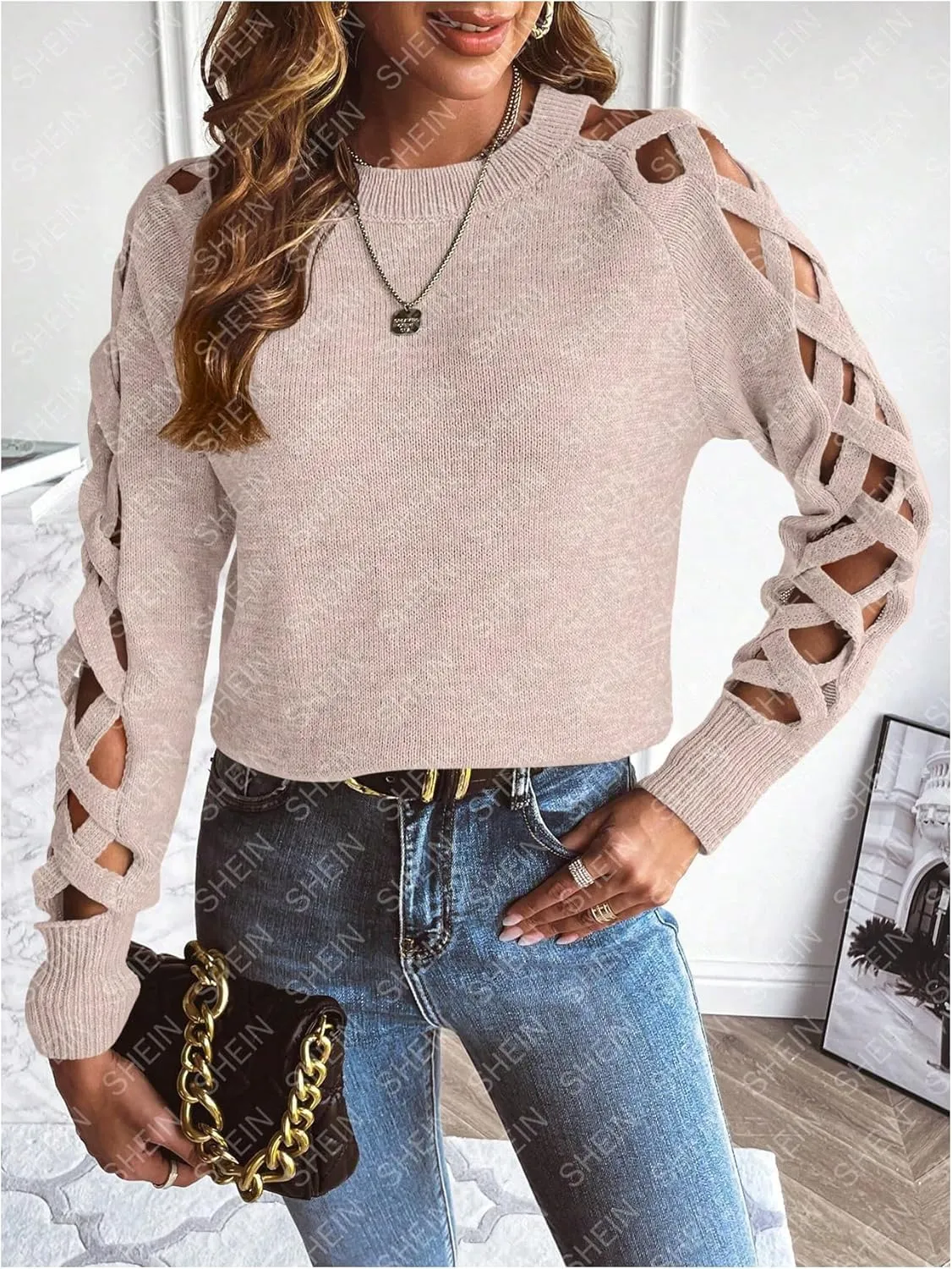 SweatyRocks Women's Criss Cross Cut Out Sleeve Round Neck Hollow Out Knit Sweater Tops