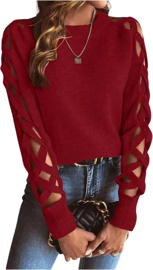 SweatyRocks Women's Criss Cross Cut Out Sleeve Round Neck Hollow Out Knit Sweater Tops