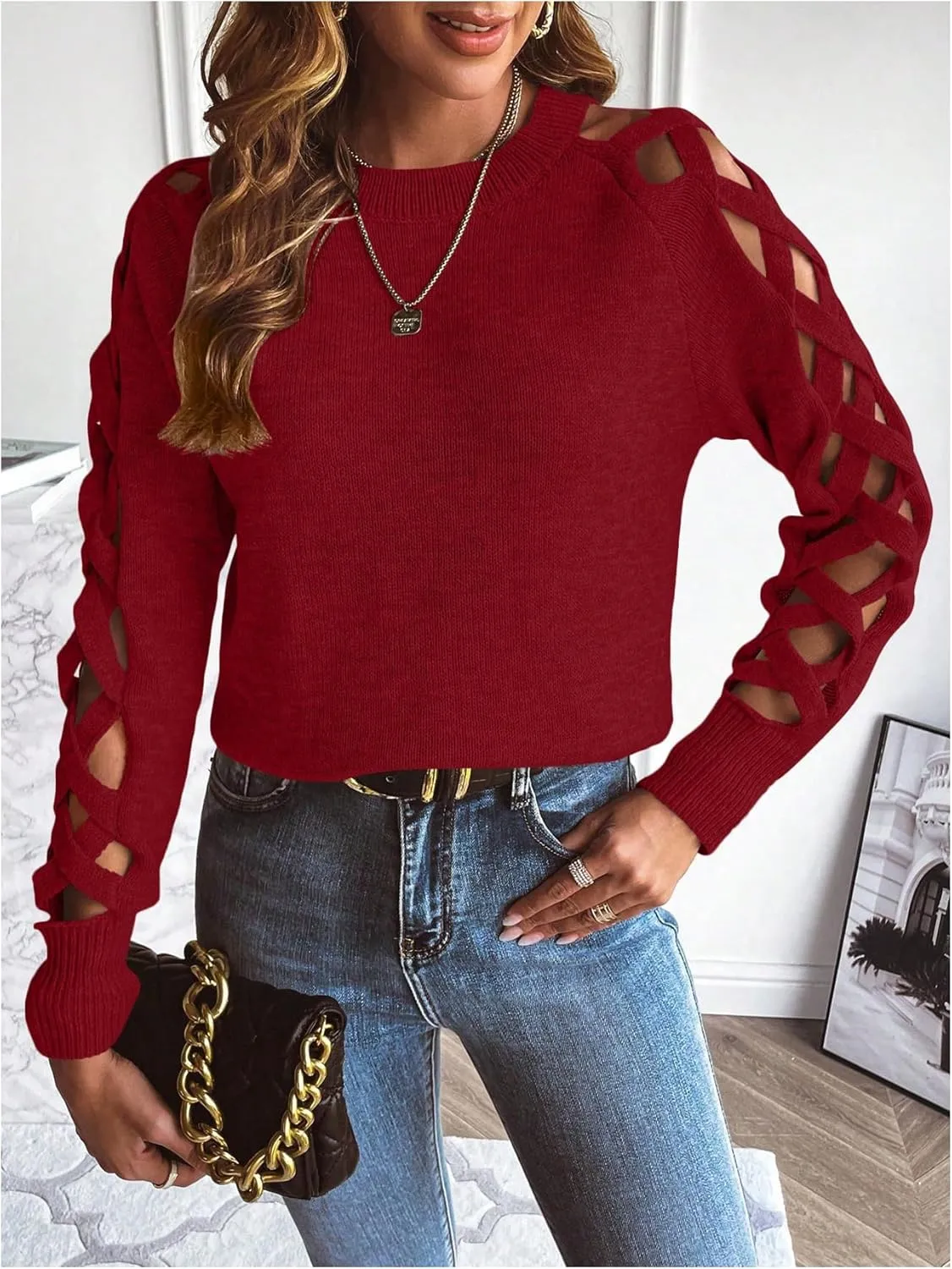 SweatyRocks Women's Criss Cross Cut Out Sleeve Round Neck Hollow Out Knit Sweater Tops