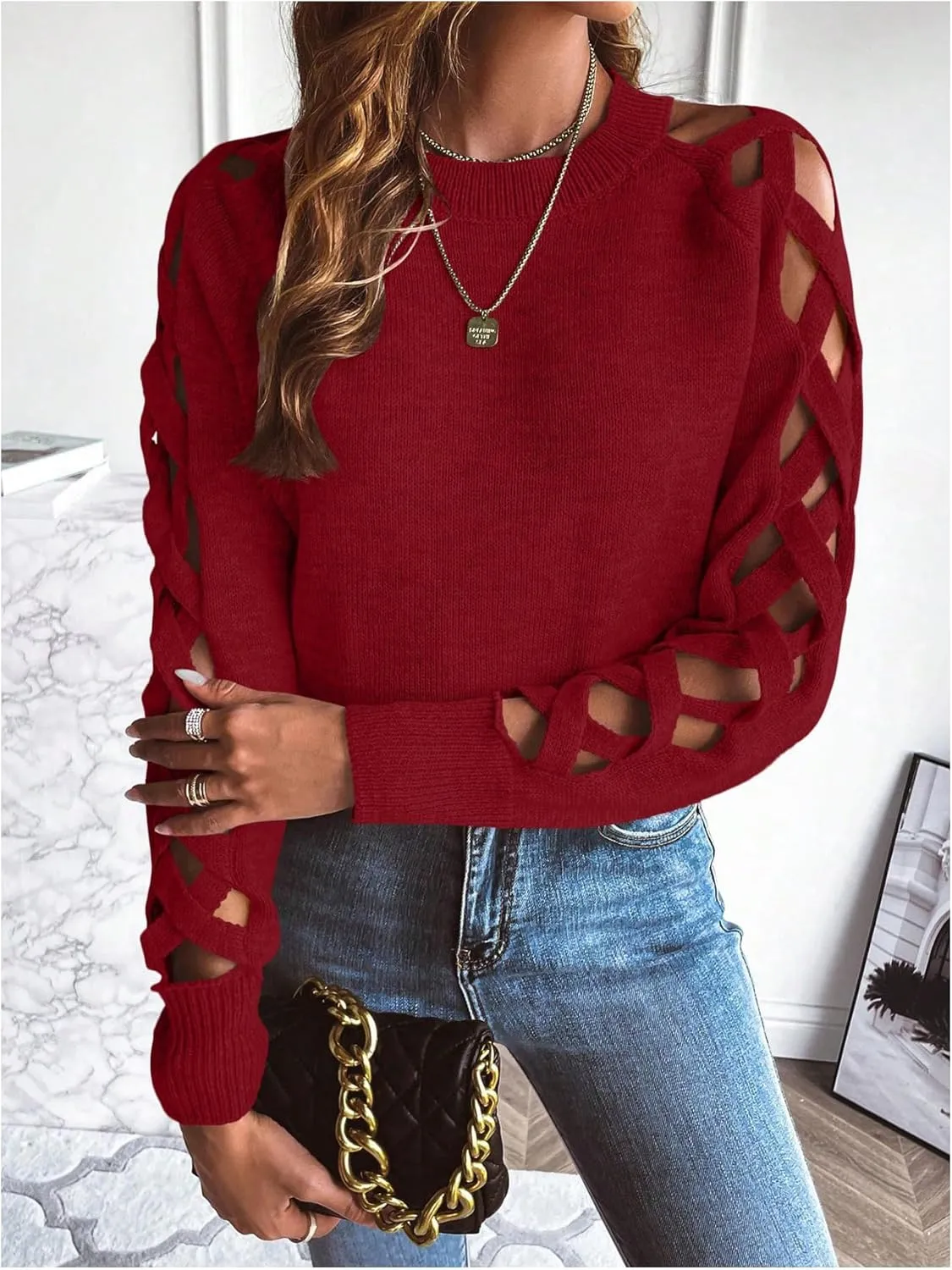 SweatyRocks Women's Criss Cross Cut Out Sleeve Round Neck Hollow Out Knit Sweater Tops
