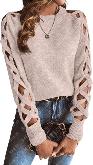 SweatyRocks Women's Criss Cross Cut Out Sleeve Round Neck Hollow Out Knit Sweater Tops