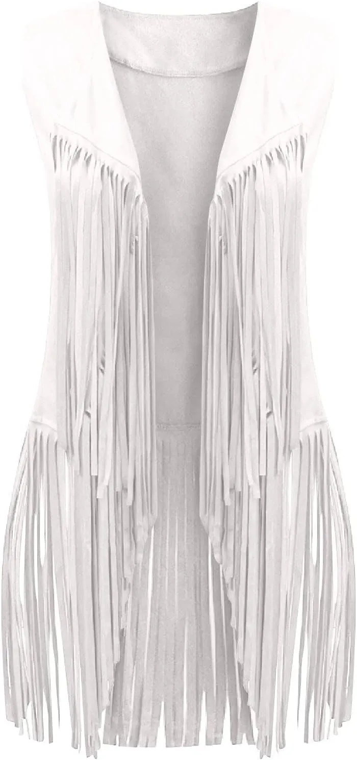 Tassel Sleeveless Vest for Women 70s Hippie Faux Suede Fringe Jacket Open Front Gilet Cardigan Vintage Boho Waistcoat