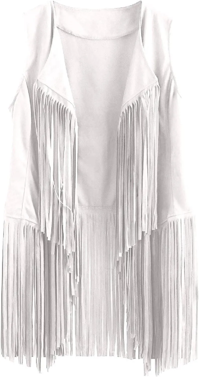 Tassel Sleeveless Vest for Women 70s Hippie Faux Suede Fringe Jacket Open Front Gilet Cardigan Vintage Boho Waistcoat