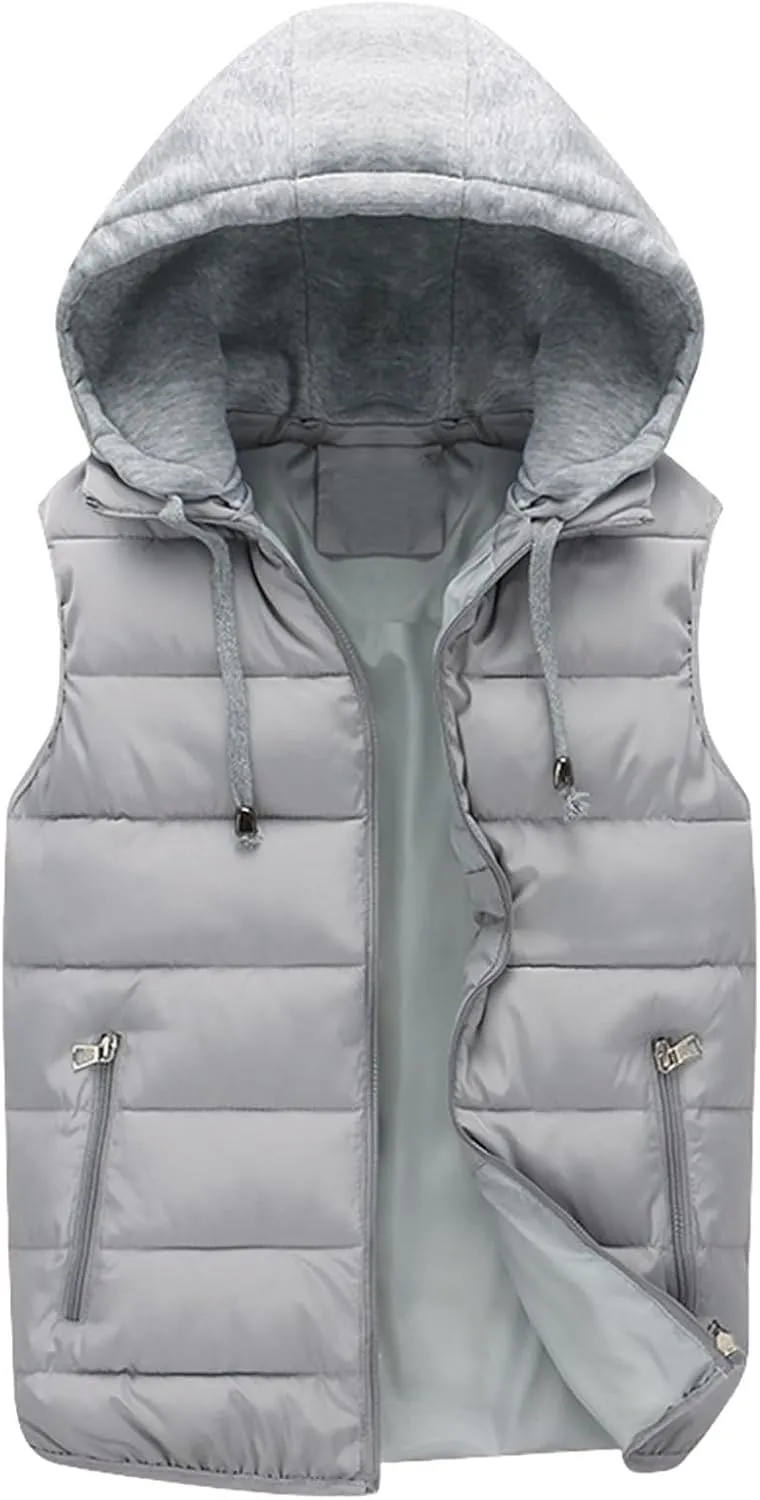 Thatrich Mens Hoodie Puffer Vest Sleeveless Lightweight Quilted Jackets Zip Up Winter Vests Casual Cozy Jacket Removable Hood