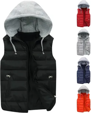 Thatrich Mens Hoodie Puffer Vest Sleeveless Lightweight Quilted Jackets Zip Up Winter Vests Casual Cozy Jacket Removable Hood