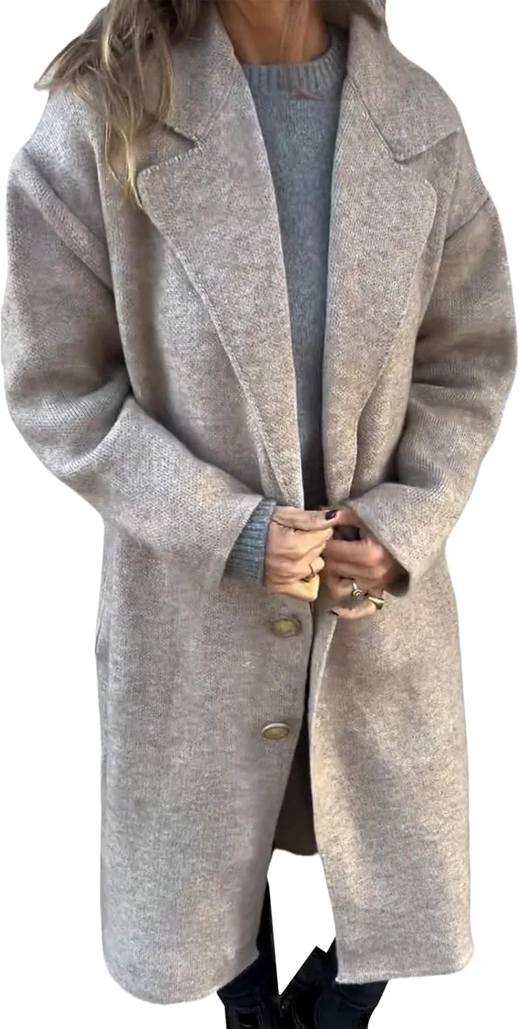 Trench Coat for Women Wool Blend Mid-Long Coat Notch Lapel Button Down Long Overcoat Warm Outerwear