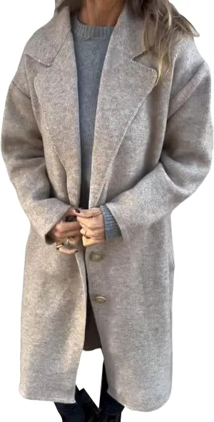 Trench Coat for Women Wool Blend Mid-Long Coat Notch Lapel Button Down Long Overcoat Warm Outerwear