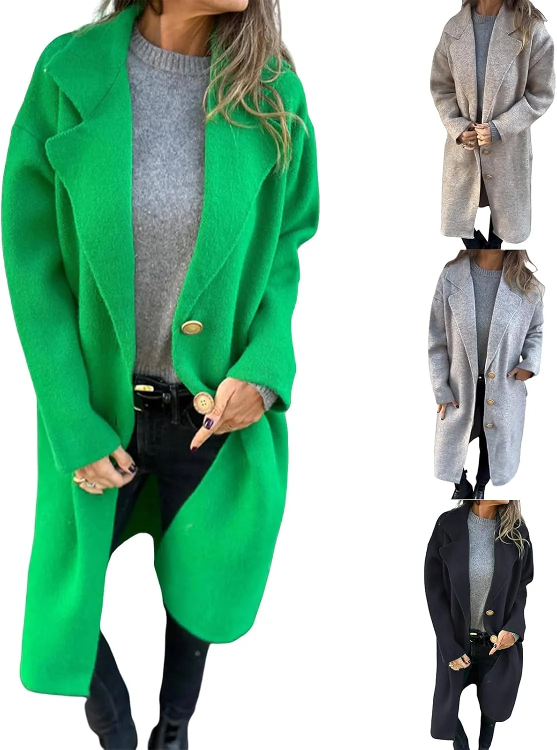 Trench Coat for Women Wool Blend Mid-Long Coat Notch Lapel Button Down Long Overcoat Warm Outerwear