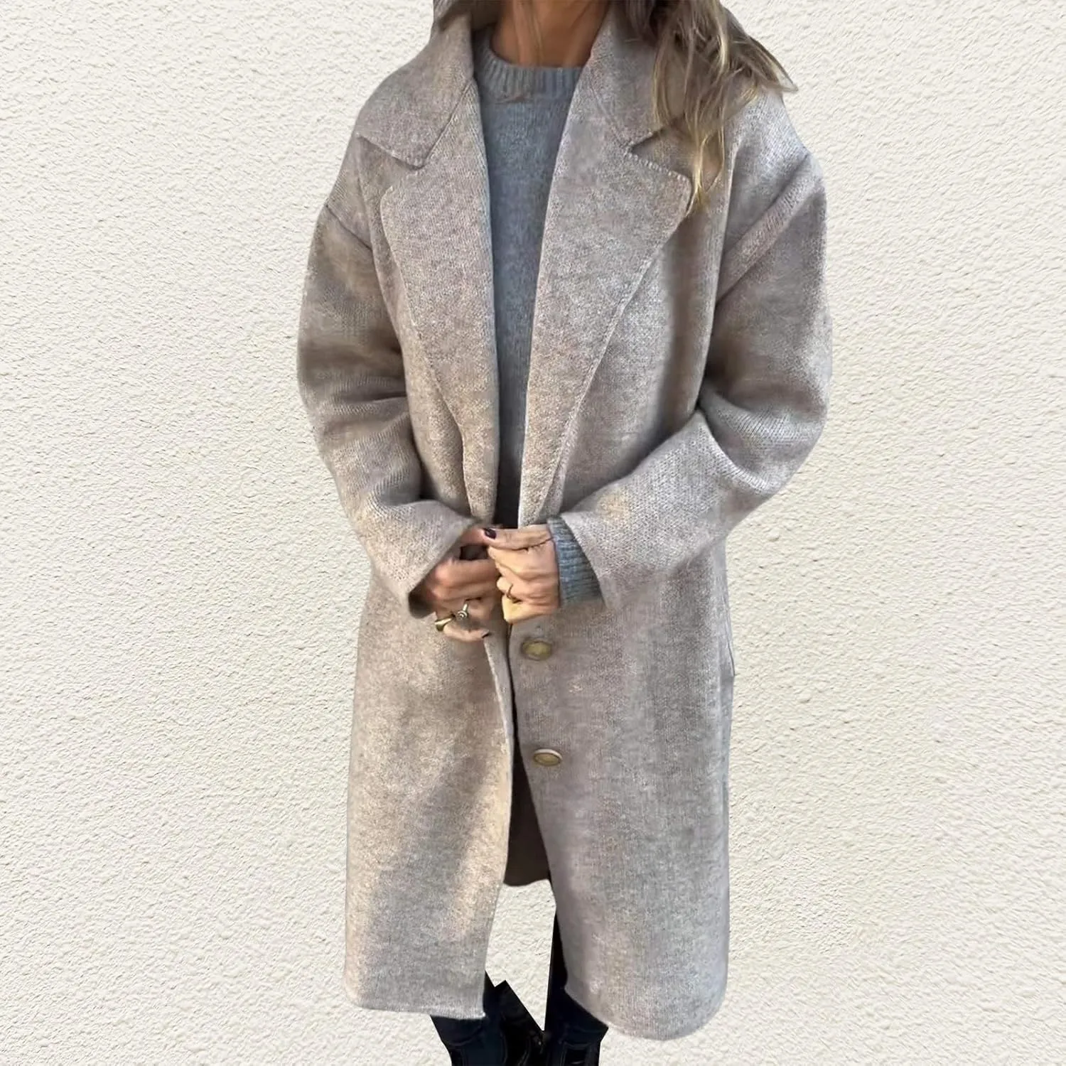 Trench Coat for Women Wool Blend Mid-Long Coat Notch Lapel Button Down Long Overcoat Warm Outerwear