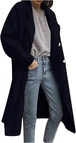 Trench Coats for Women Winter Wool Blend Camel Mid-Long Coat Double-Breasted Notch Lapel Collared Jackets Outwear