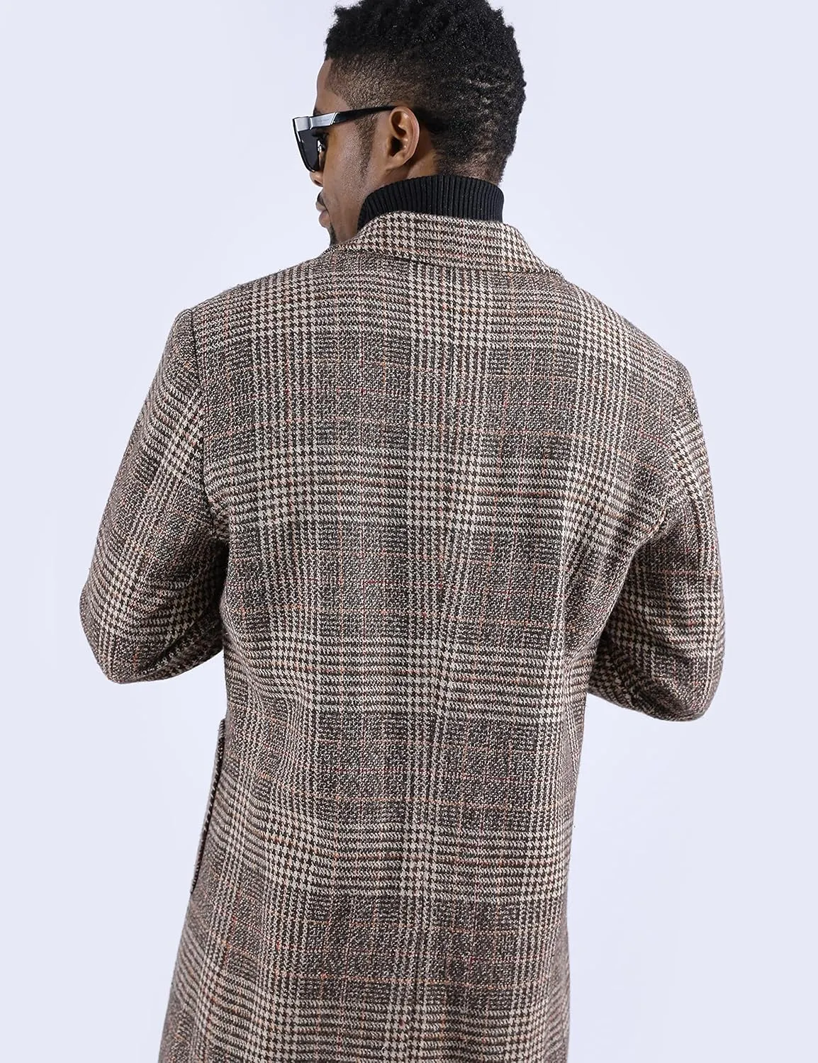 UANEO Mens Winter Trench Coat Notched Collar Single Breasted Plaid Mid Long Peacoat Overcoats with Pockets